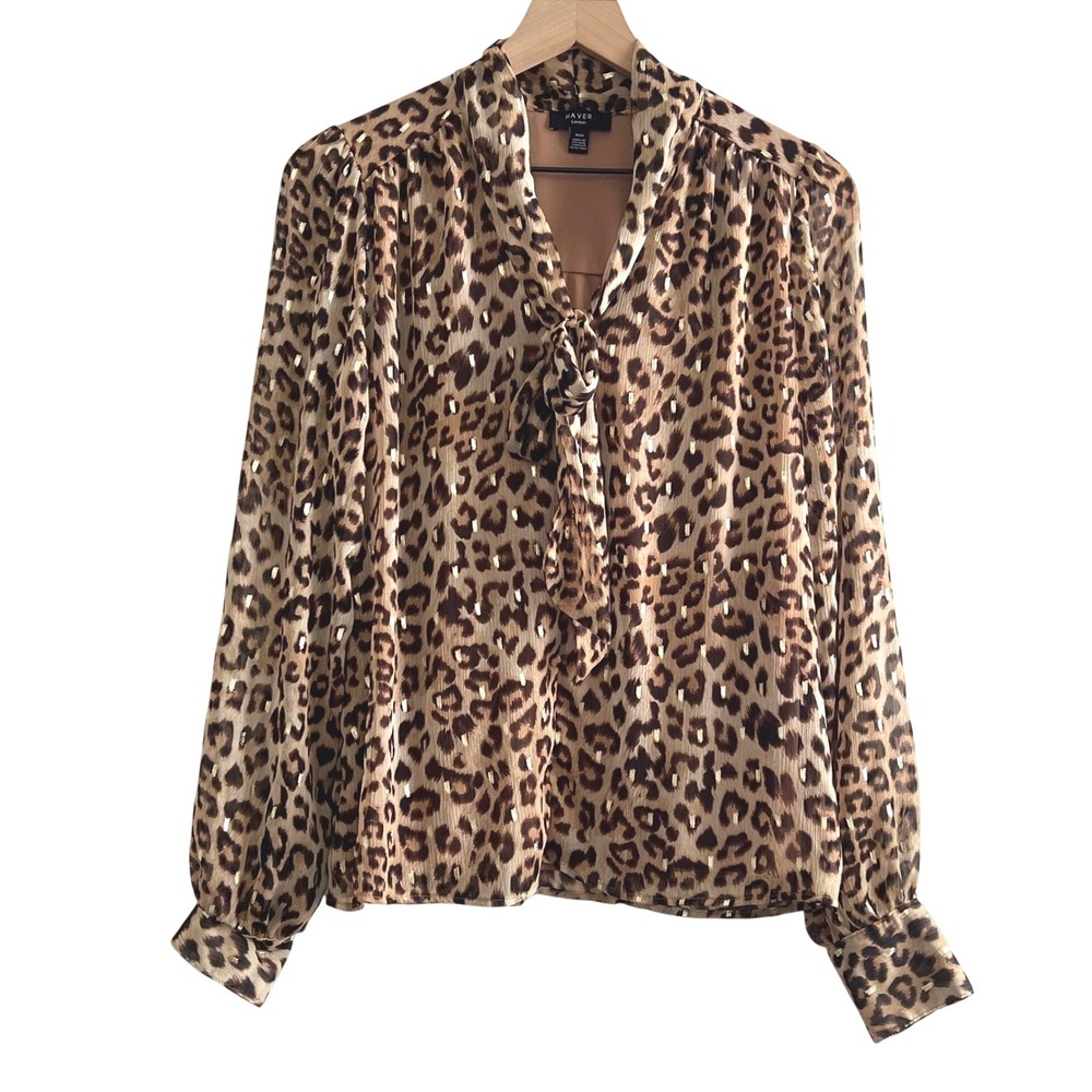 Haver London Leopard Print Tie Front Blouse Size M Sheer Gold Accent Mob Wife